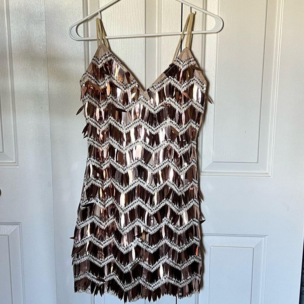 Rose gold sequence fringe short dress